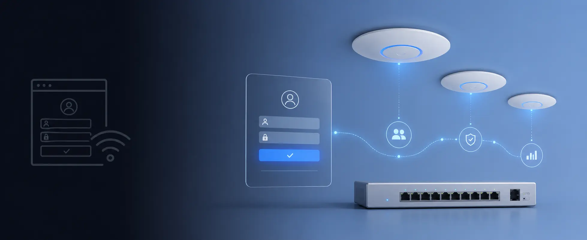 Generic business WiFi network with captive portal login, guest access, security, and analytics icons.