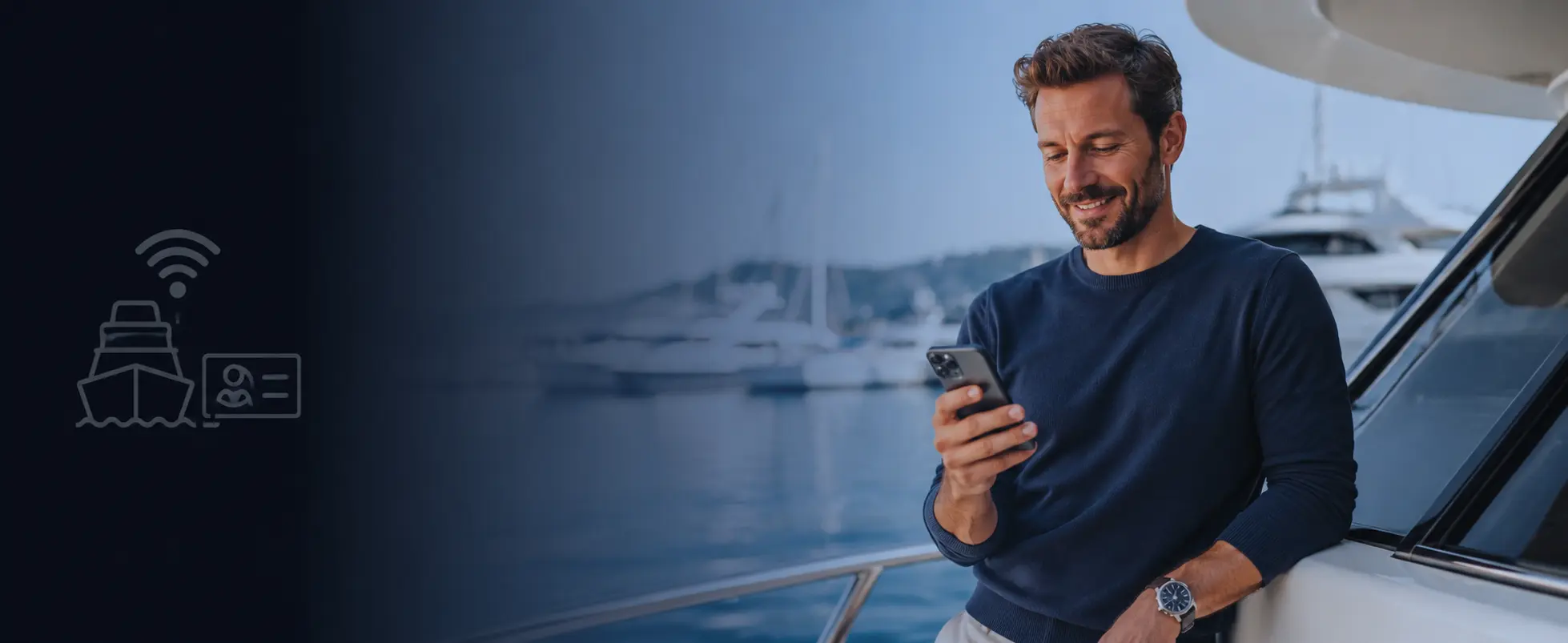Guest WiFi for Marinas and Vessels Marina guest using a smartphone to connect to secure guest WiFi on a vessel.