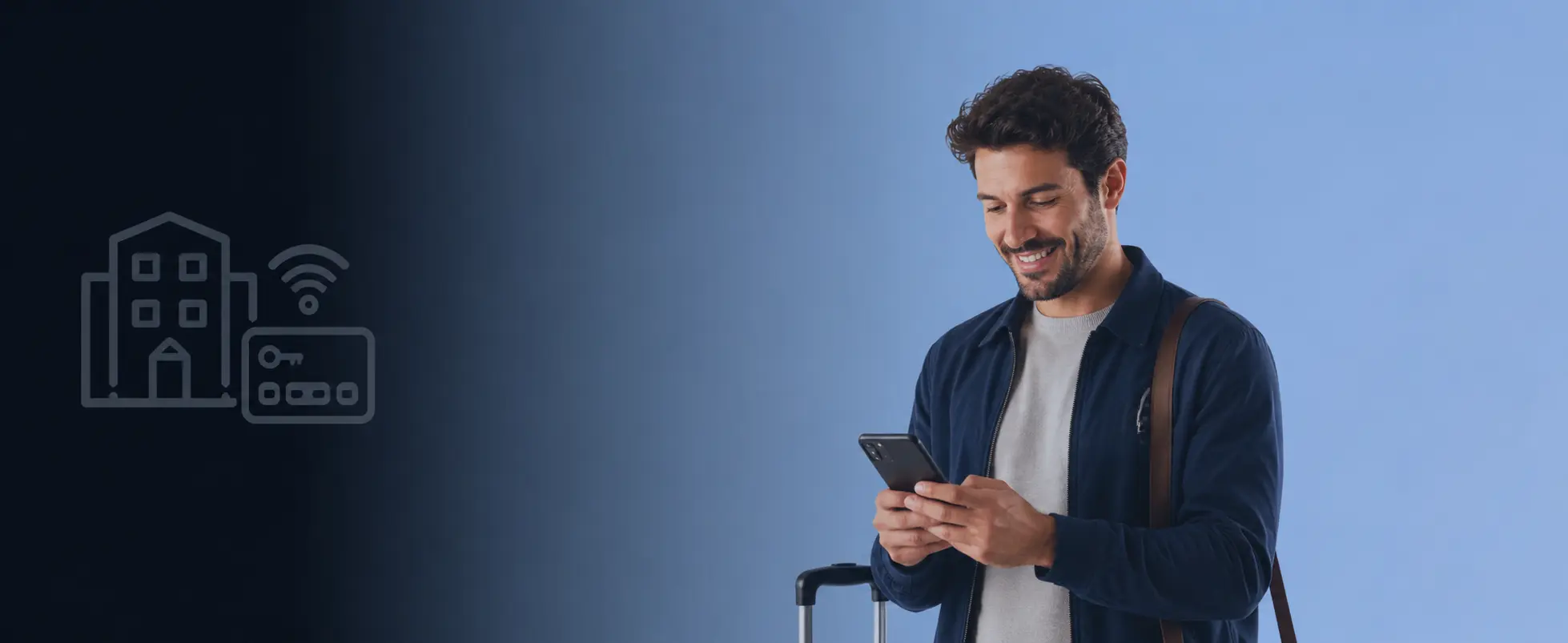 Hotel guest using a smartphone to log in to guest WiFi with room number access.
