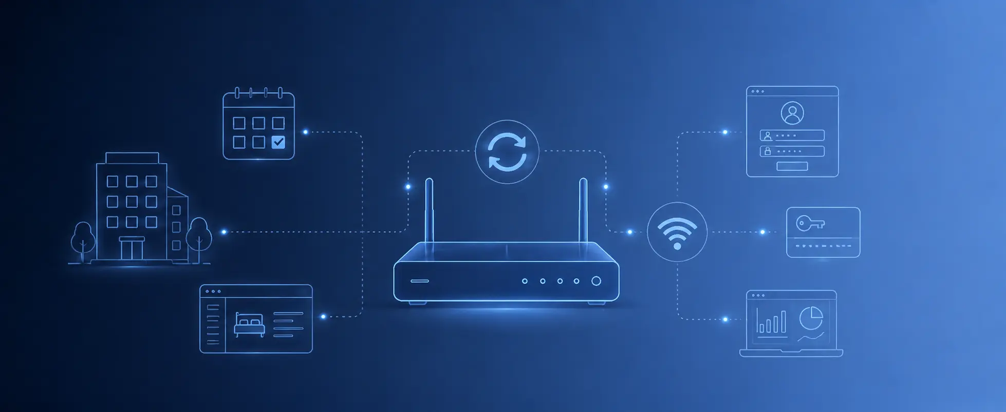 Hotel PMS Integration for Guest WiFi Hotel PMS integration connecting reservations with guest WiFi access, captive portal login, vouchers, and analytics.